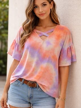 7th Ray Tie-Dye Crisscross V-Neck Ruffle Sleeve Top - Pink Orange Purple